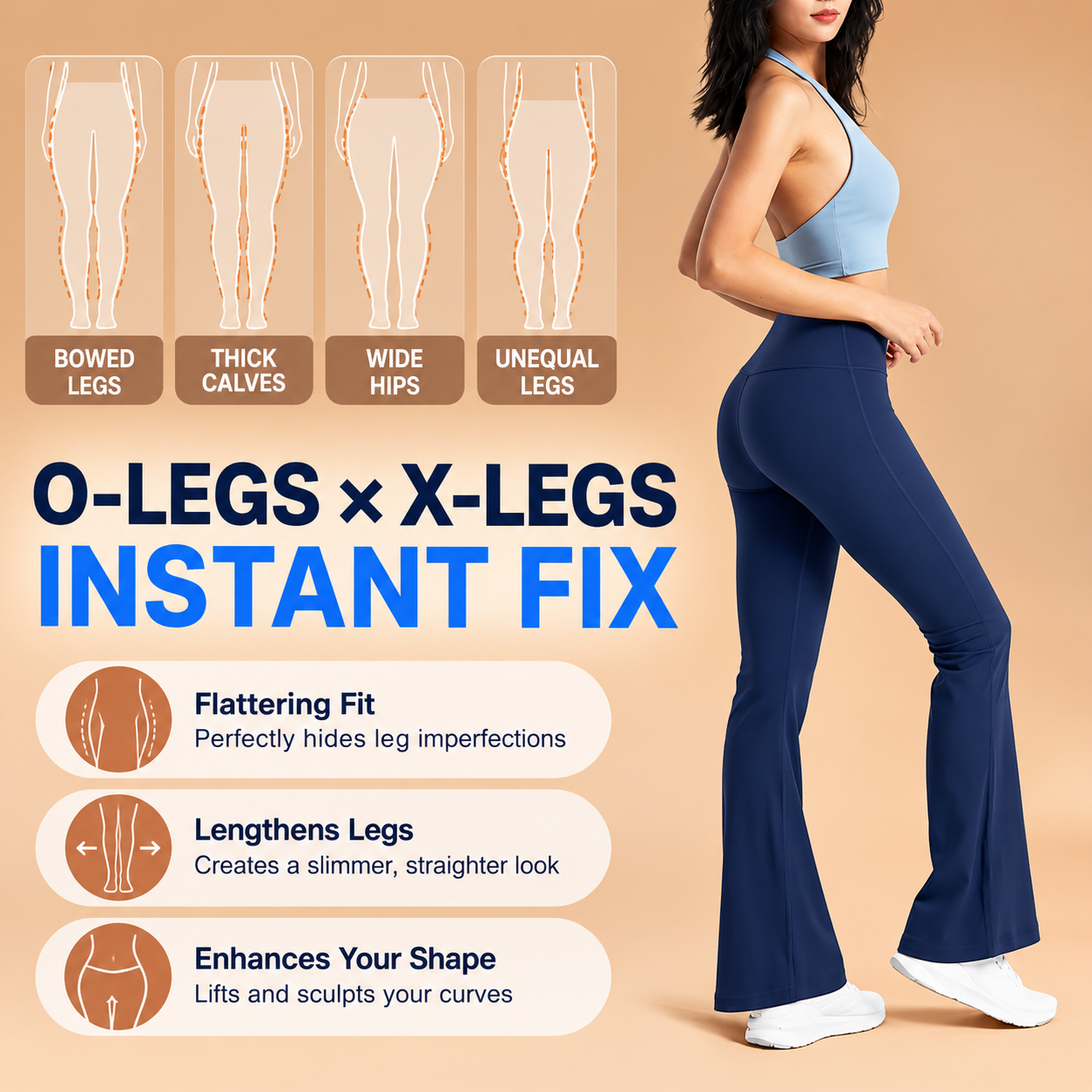 Navy Blue Women's One Size Flare Yoga Pants without Front Seam - High Waist view 3