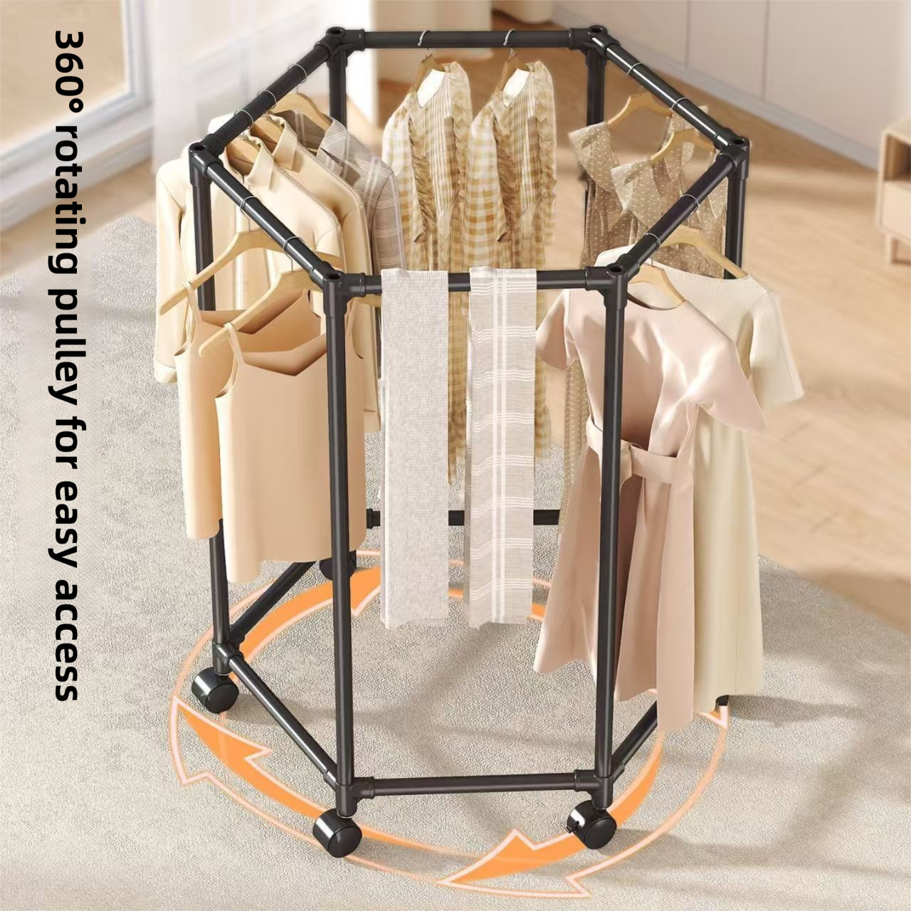White 360° Rotating Hexagonal Clothes Drying Rack with Wheels & Drying Net view 3