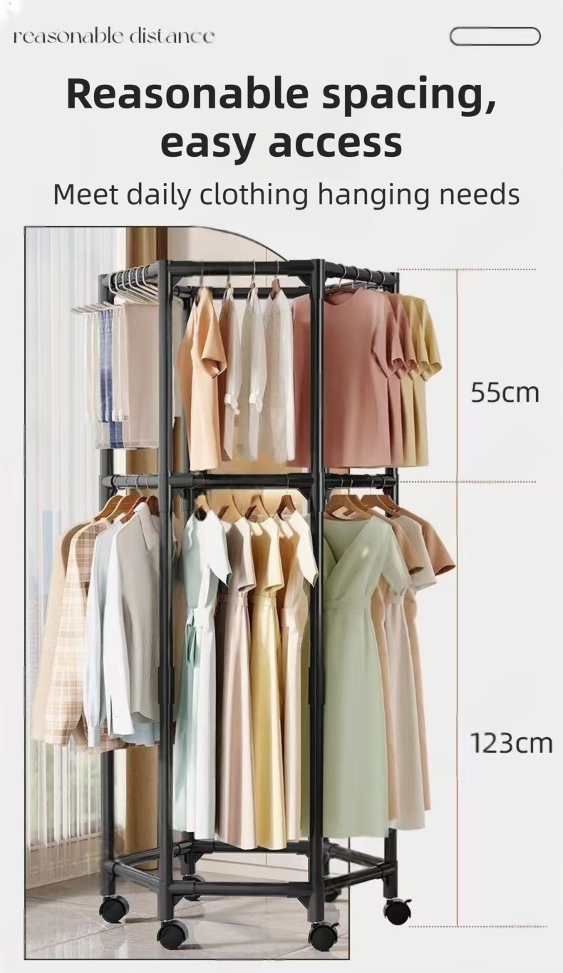 White 360° Rotating Hexagonal Clothes Drying Rack with Wheels & Drying Net view 6