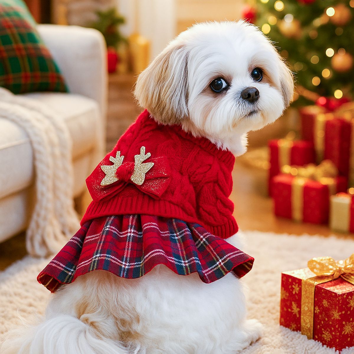 Red S Size Reindeer antler design bow-knot Christmas Pet Knitted Dress view 4