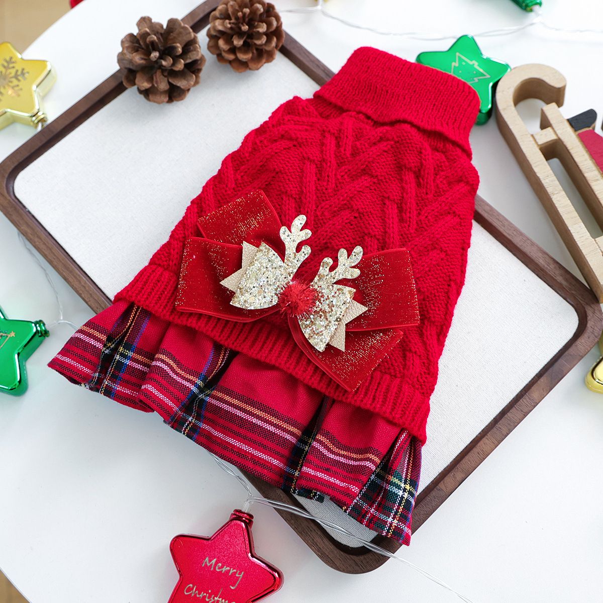 Red M Size Reindeer antler design bow-knot Christmas Pet Knitted Dress view 5