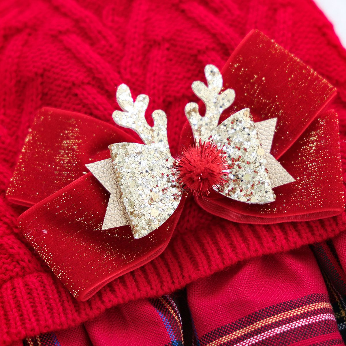 Red M Size Reindeer antler design bow-knot Christmas Pet Knitted Dress view 6
