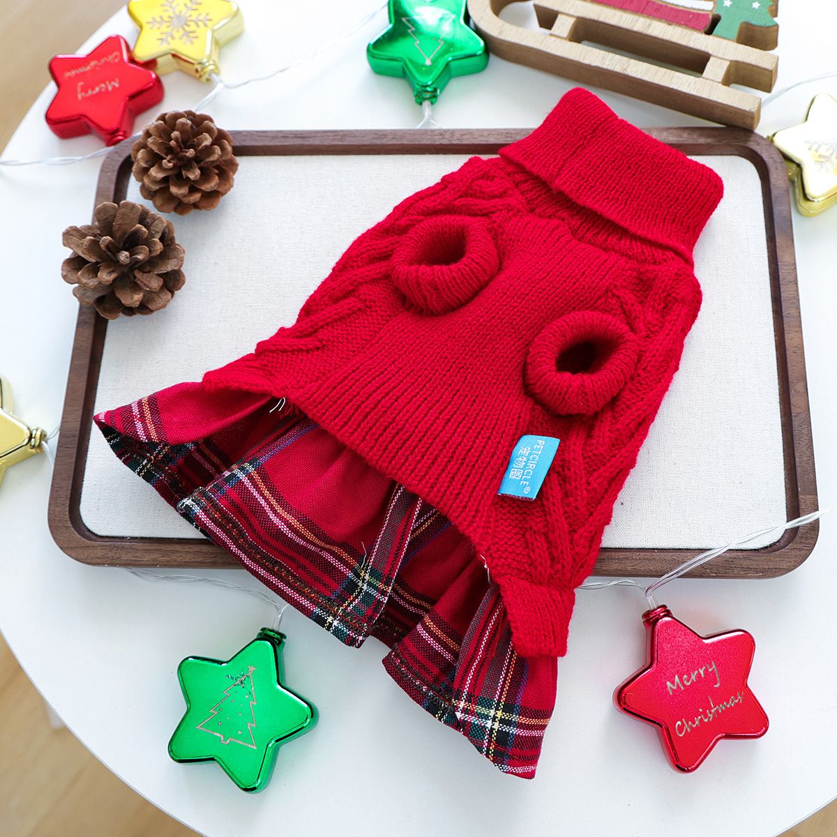 Red M Size Reindeer antler design bow-knot Christmas Pet Knitted Dress view 7