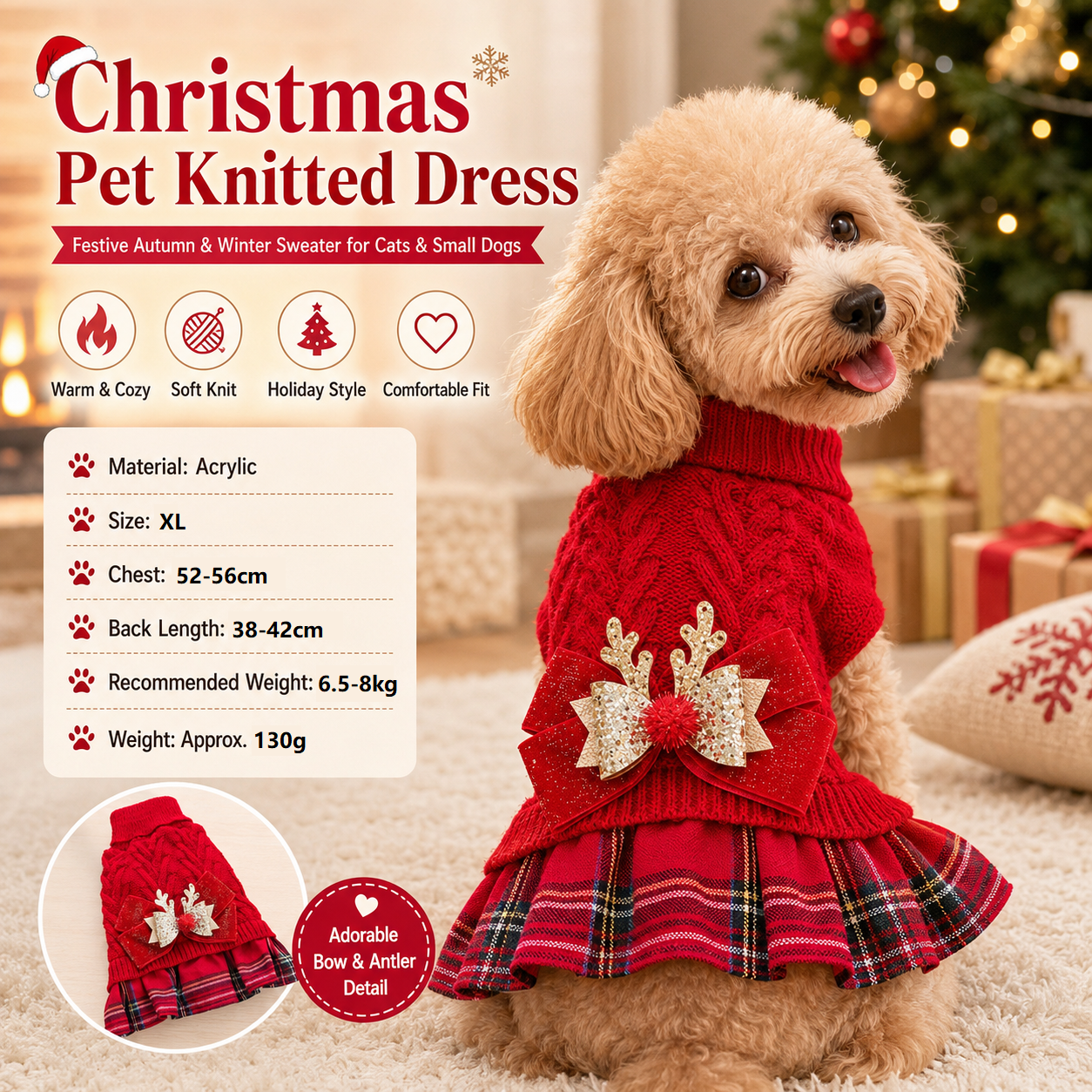 Red XL Size Reindeer antler design bow-knot Christmas Pet Knitted Dress view 2