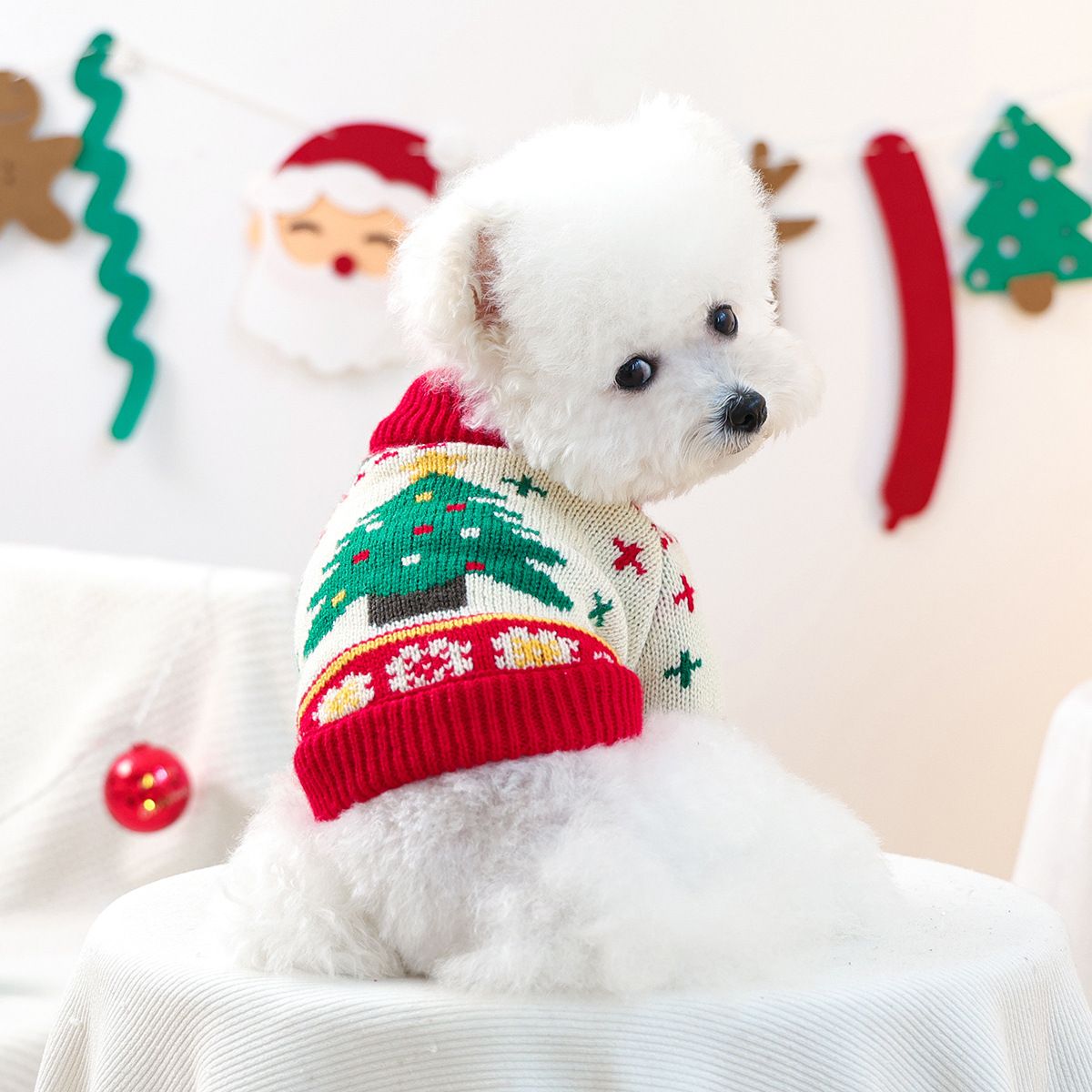 Red and Green S Size Christmas tree pattern Christmas Pet Knitted Dress view 3