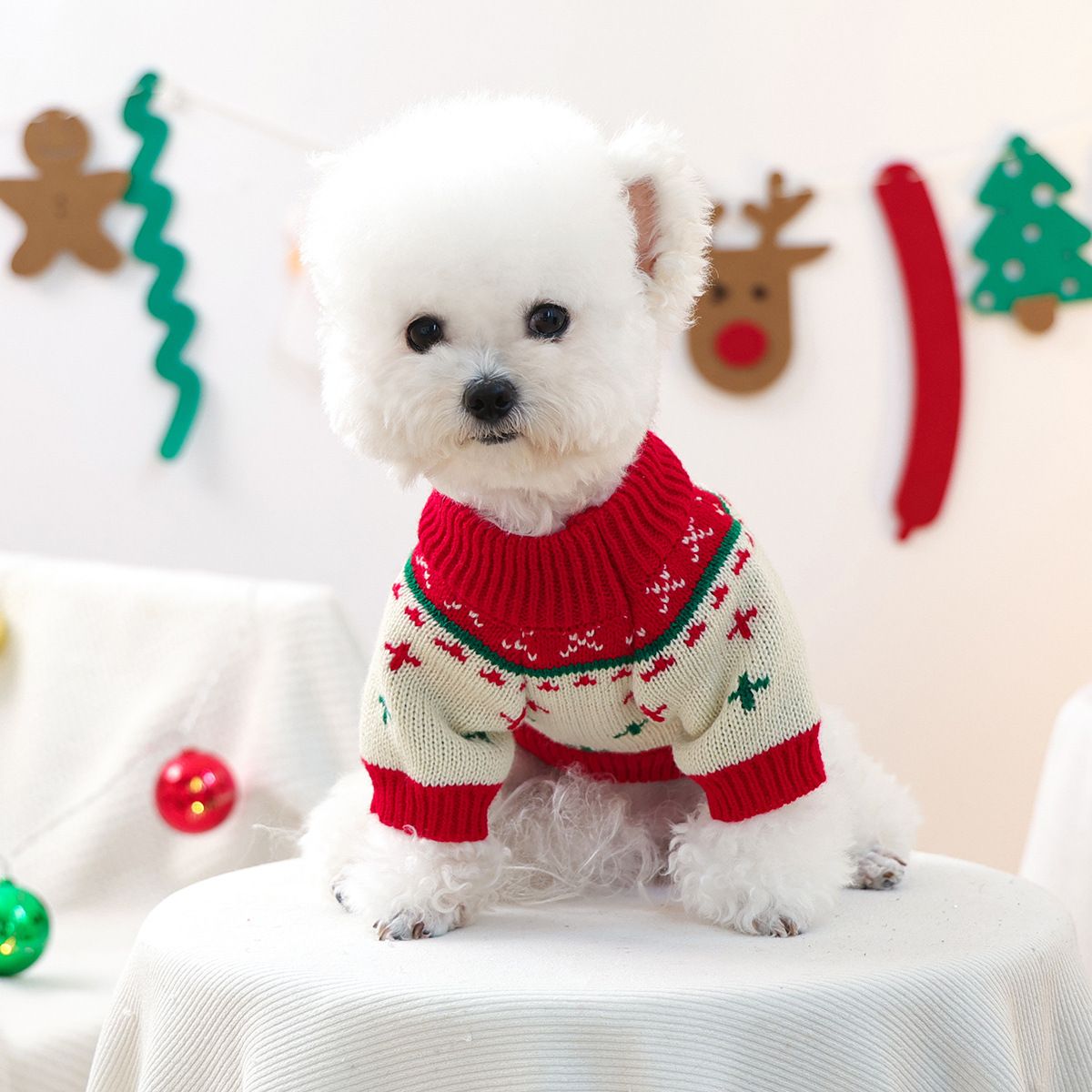Red and Green S Size Christmas tree pattern Christmas Pet Knitted Dress view 6