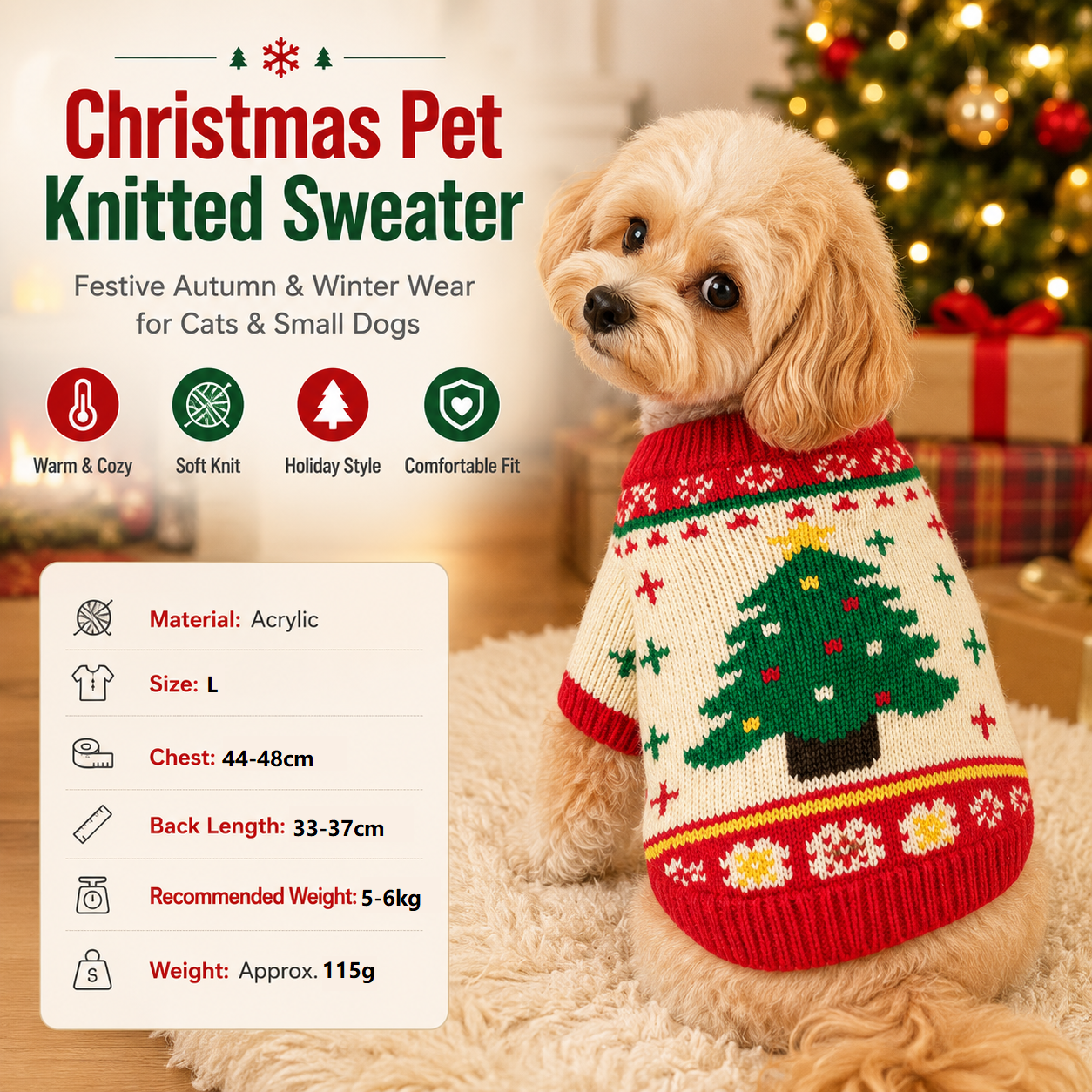 Red and Green L Size Christmas tree pattern Christmas Pet Knitted Dress view 2
