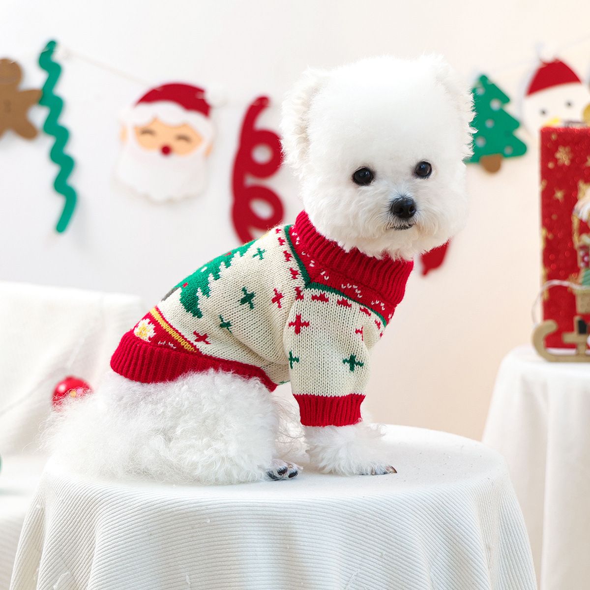 Red and Green L Size Christmas tree pattern Christmas Pet Knitted Dress view 4