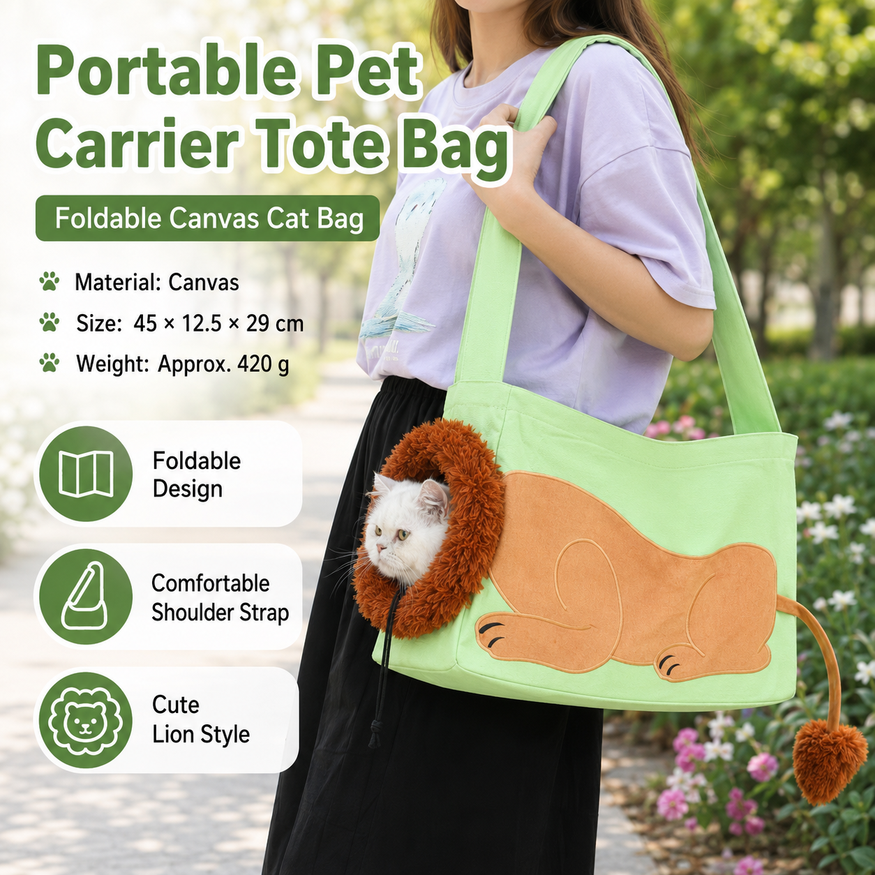 Lion Style Canvas Pet Carrier Green Bag（big size 45*12.5*29cm） - Adjustable view 2