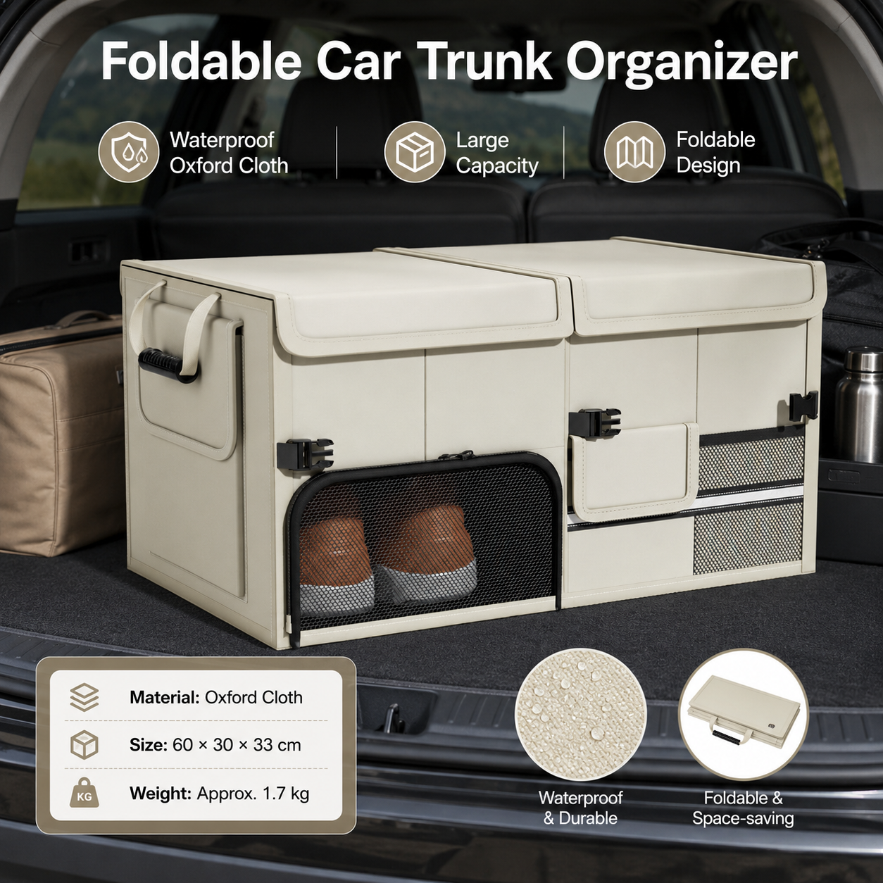White Car Boot Organiser - Foldable Waterproof Large Capacity Trunk Storage Box view 2