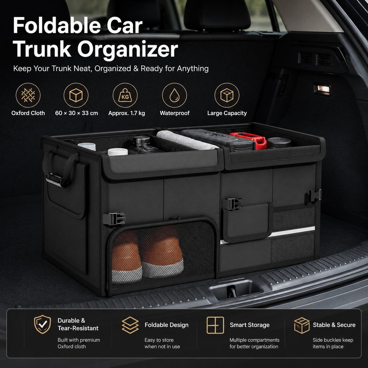 Black Car Boot Organiser - Foldable Waterproof Large Capacity Trunk Storage Box view 2