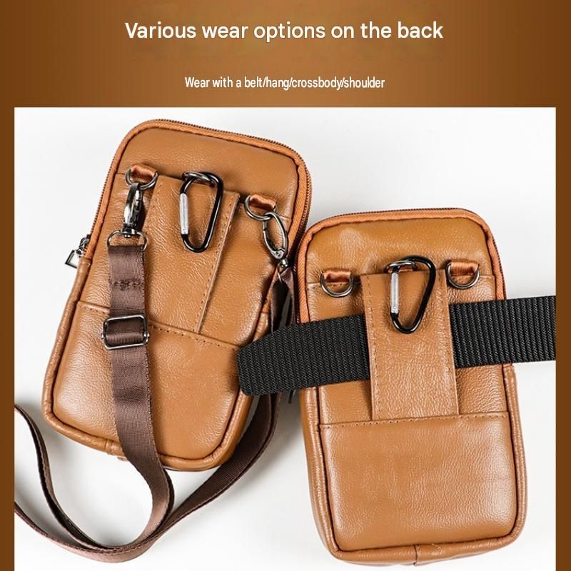 Black Leather Belt Phone Pouch - Multi-Pocket Waist Bag with Shoulder Strap view 3