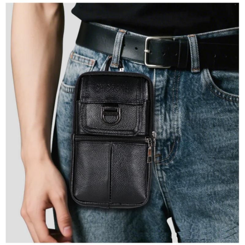 Dark brown Leather Belt Phone Pouch - Multi-Pocket Waist Bag with Shoulder Strap view 11