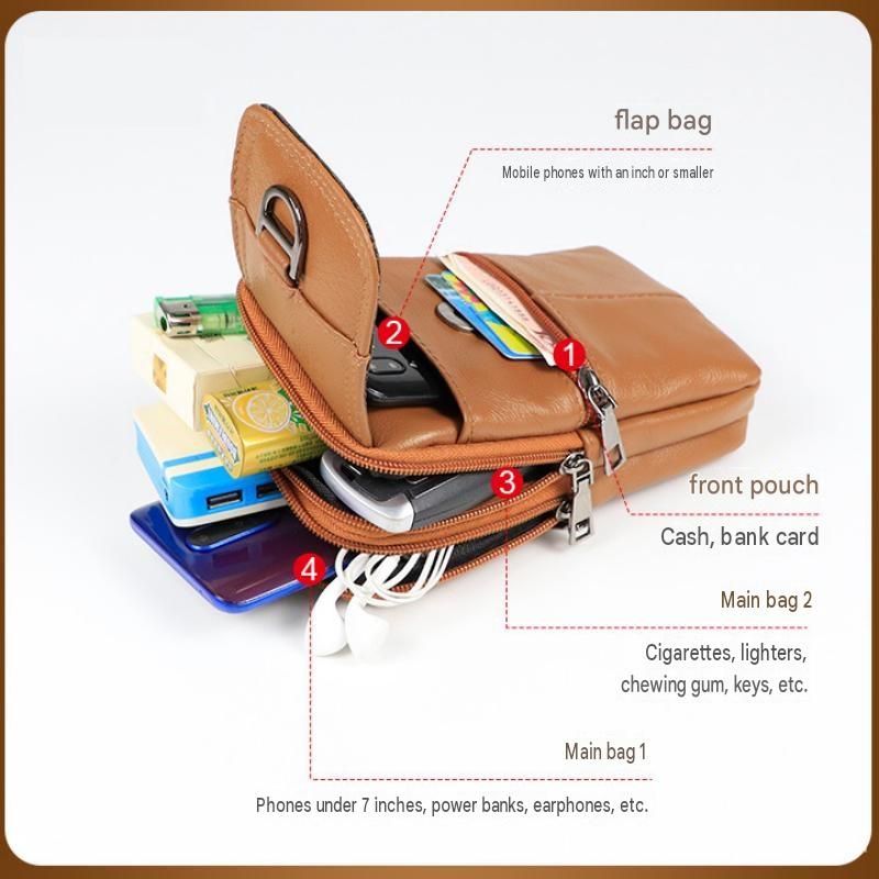 Brown Leather Belt Phone Pouch - Multi-Pocket Waist Bag with Shoulder Strap view 4