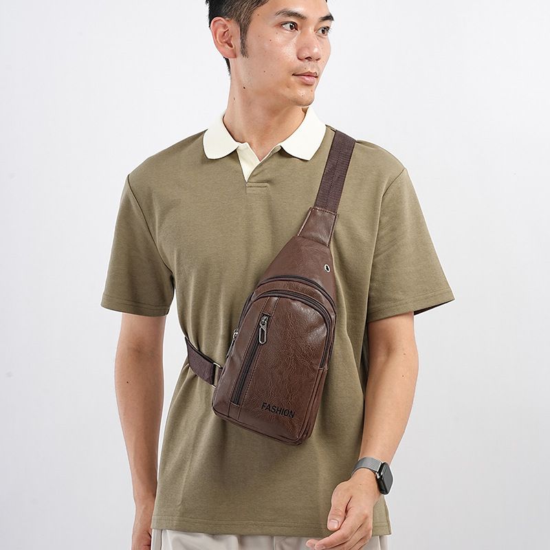Black Men's PU Leather Chest Bag - Water Resistant Crossbody Sling Bag - Multi view 10