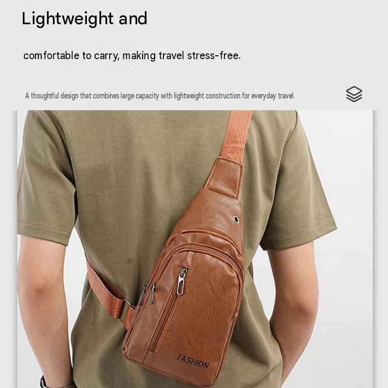 Brown Men's PU Leather Chest Bag - Water Resistant Crossbody Sling Bag - Multi view 4