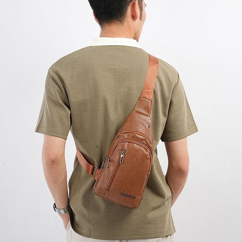 Light brown Men's PU Leather Chest Bag - Water Resistant Crossbody Sling Bag view 9