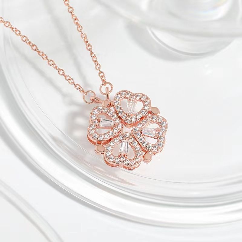 Rose golden Four Leaf Clover Necklace - Plated Copper with Zirconia view 2