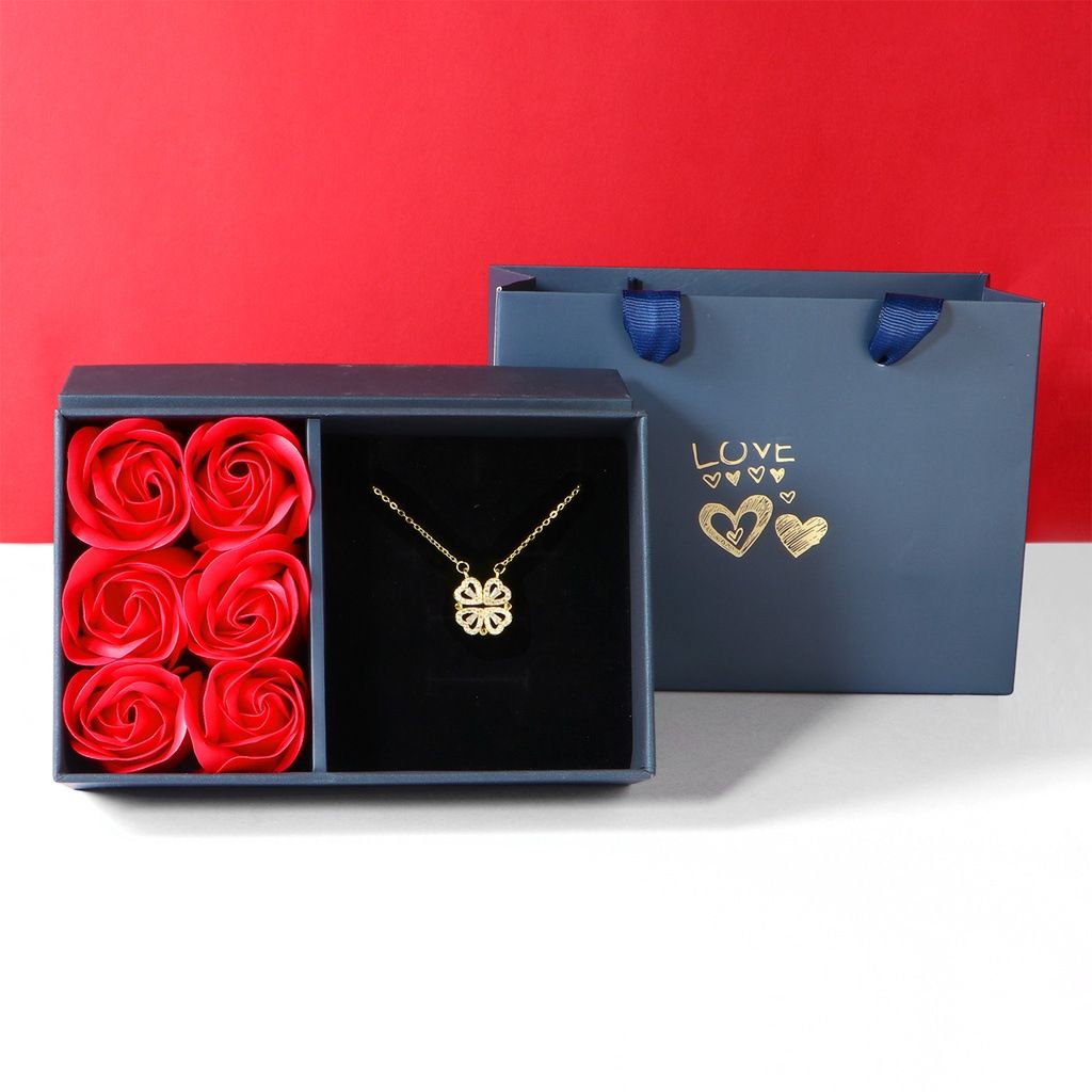 Golden Four Leaf Clover Necklace - Plated Copper with Zirconia - Adjustable
