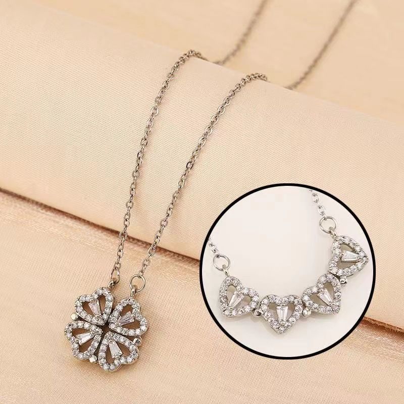 Silvery Four Leaf Clover Necklace - Plated Copper with Zirconia - Adjustable view 2
