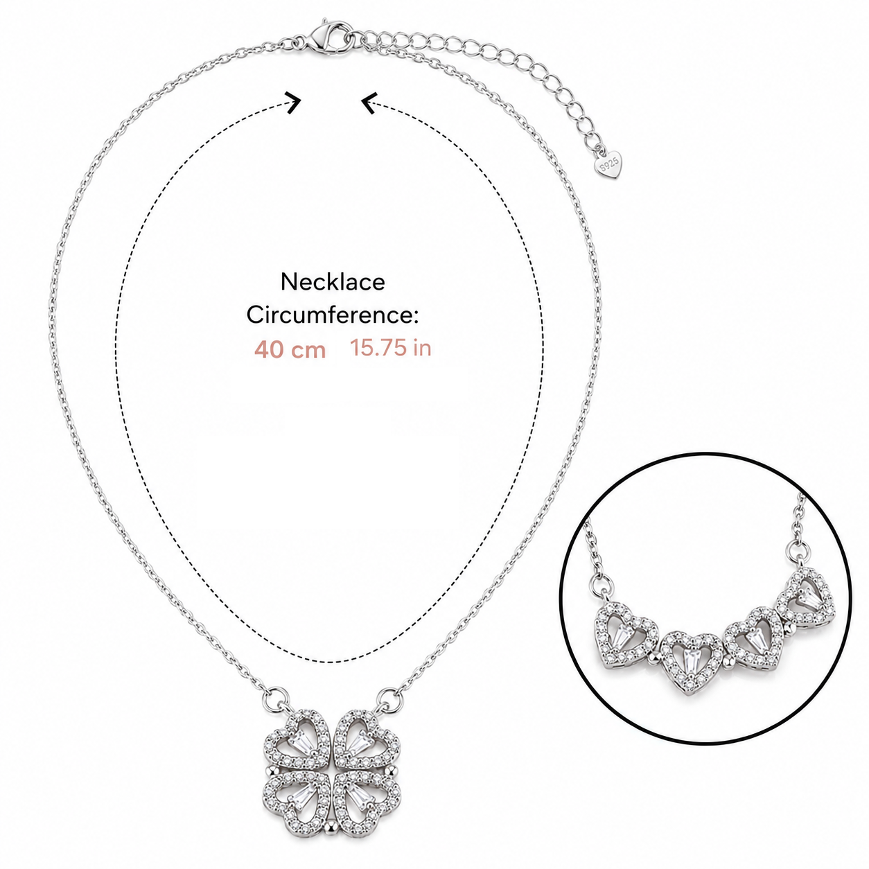 Silvery Four Leaf Clover Necklace - Plated Copper with Zirconia - Adjustable view 3