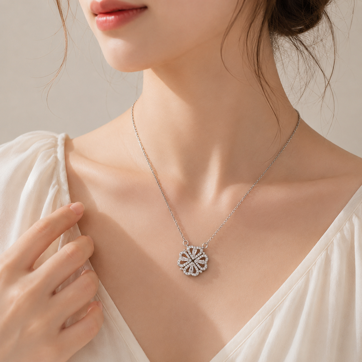 Silvery Four Leaf Clover Necklace - Plated Copper with Zirconia - Adjustable view 4