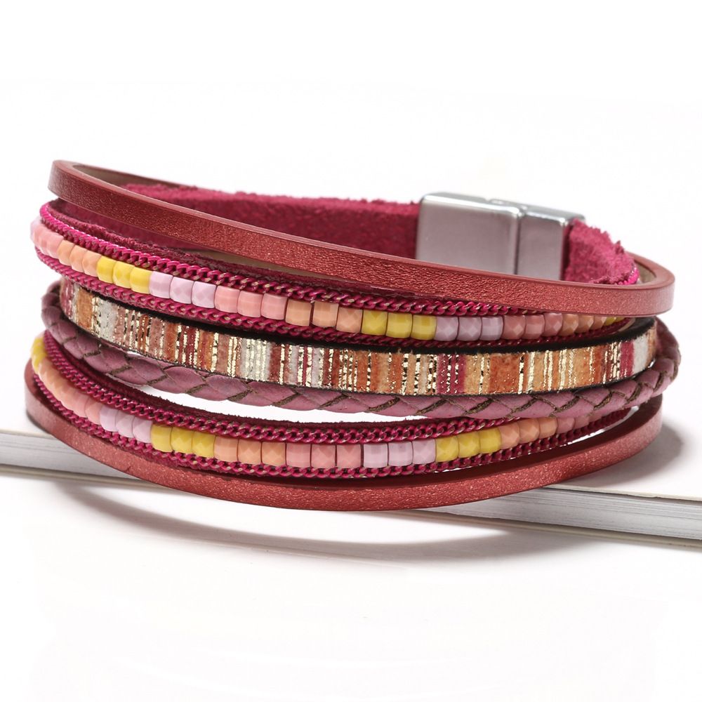 Red Bohemian Multi-Layer Leather Bracelet for Women - PU Faux Leather with