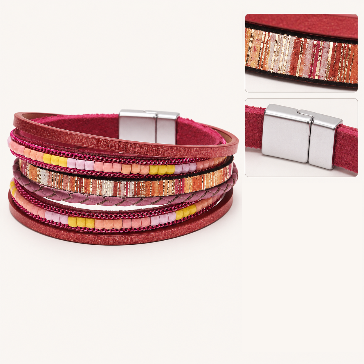 Red Bohemian Multi-Layer Leather Bracelet for Women - PU Faux Leather with view 2