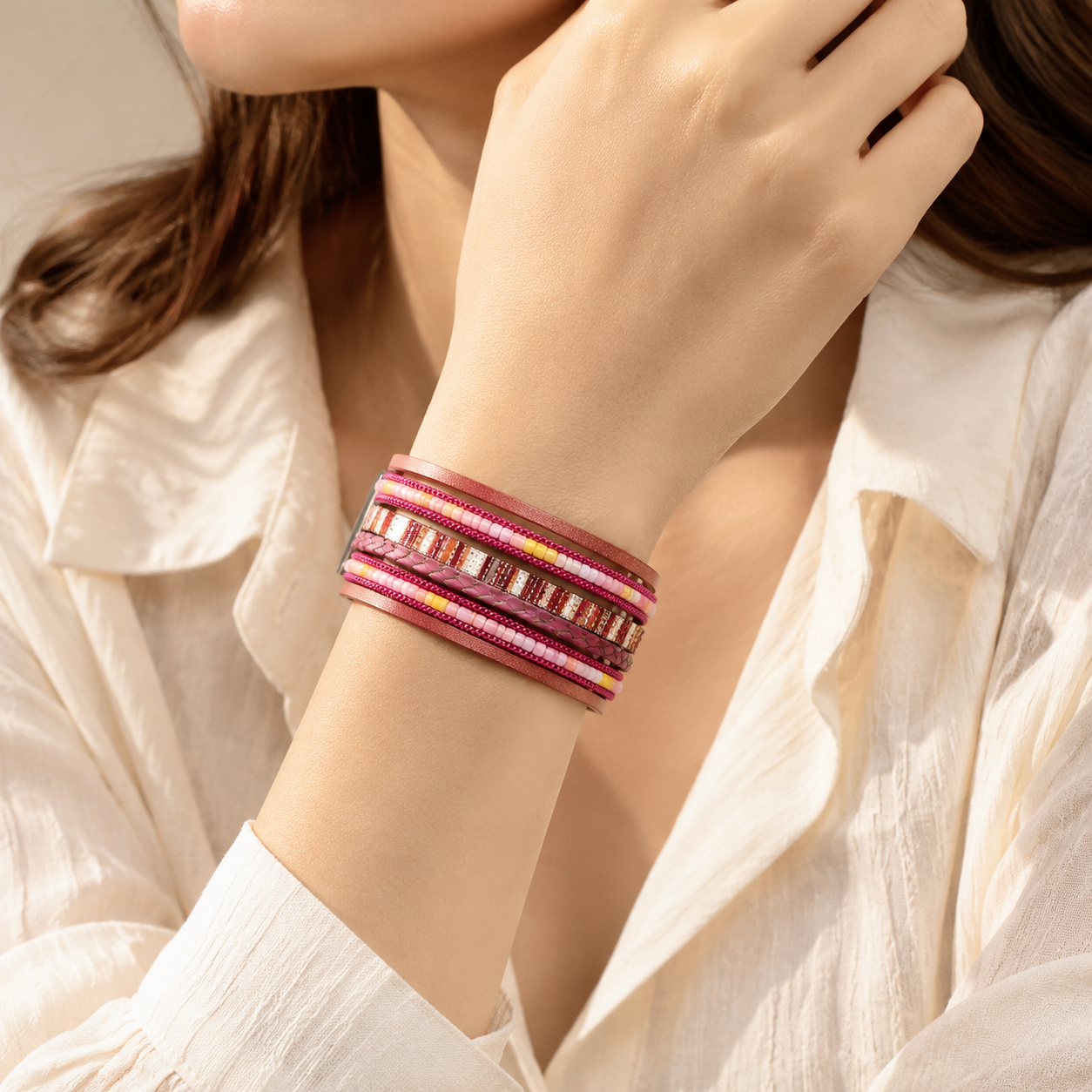 Red Bohemian Multi-Layer Leather Bracelet for Women - PU Faux Leather with view 4