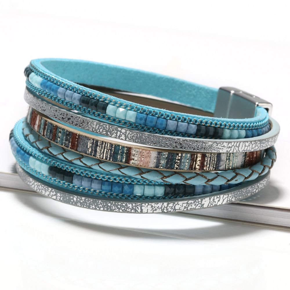 Blue Bohemian Multi-Layer Leather Bracelet for Women - PU Faux Leather with