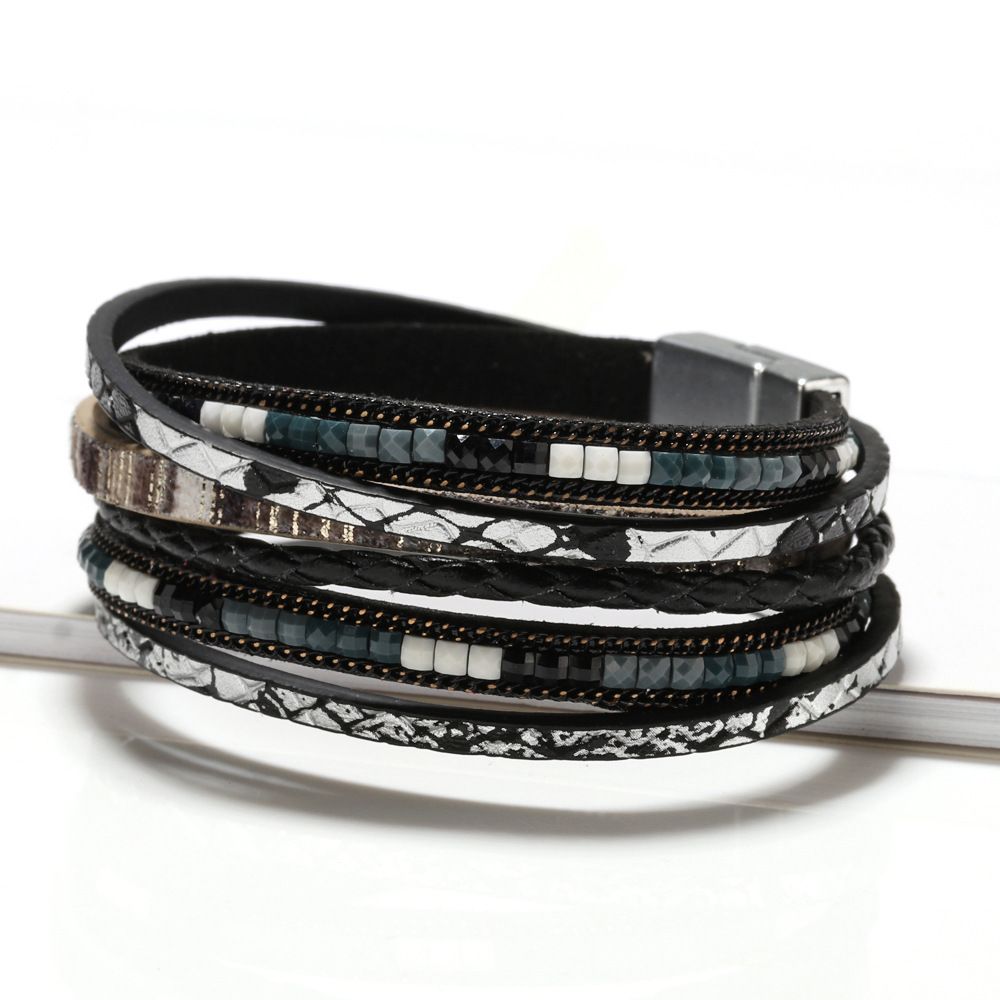 Black Bohemian Multi-Layer Leather Bracelet for Women - PU Faux Leather with