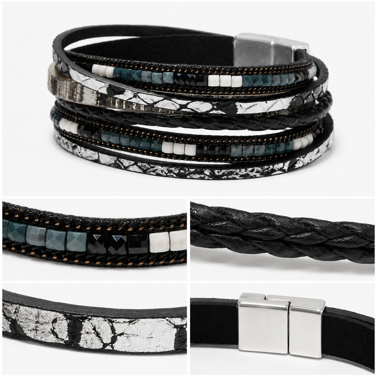 Black Bohemian Multi-Layer Leather Bracelet for Women - PU Faux Leather with view 2