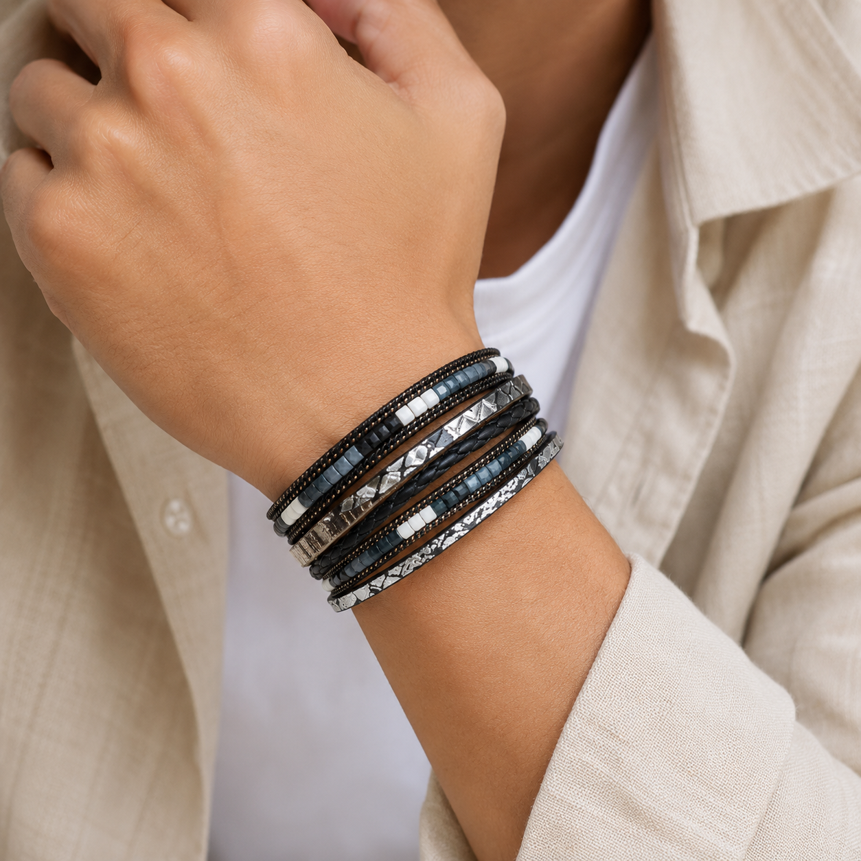 Black Bohemian Multi-Layer Leather Bracelet for Women - PU Faux Leather with view 4