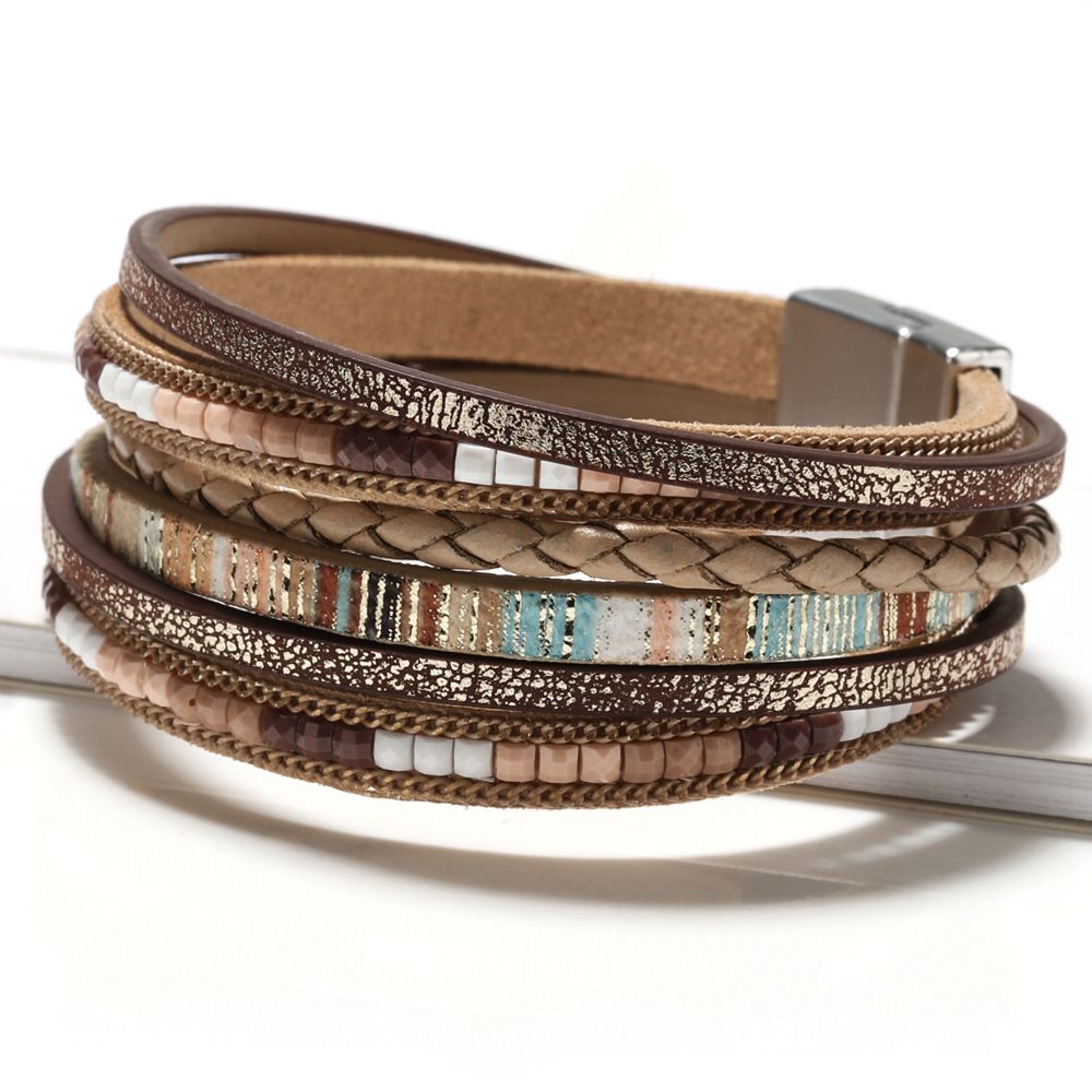 Khaki Bohemian Multi-Layer Leather Bracelet for Women - PU Faux Leather with