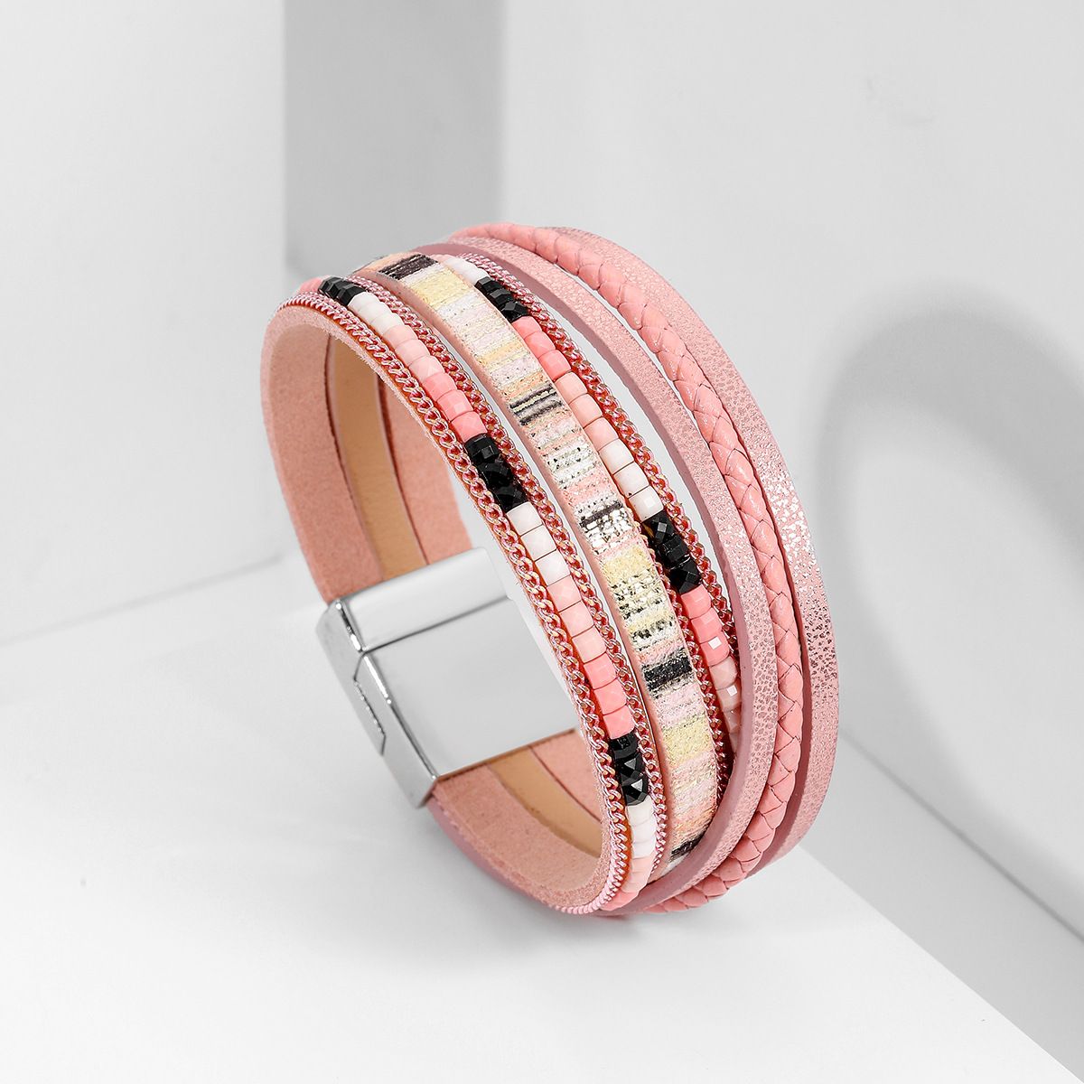 Pink Bohemian Multi-Layer Leather Bracelet for Women - PU Faux Leather with