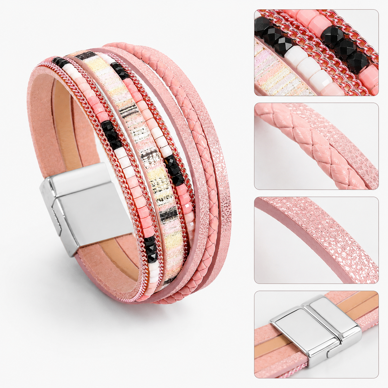 Pink Bohemian Multi-Layer Leather Bracelet for Women - PU Faux Leather with view 2