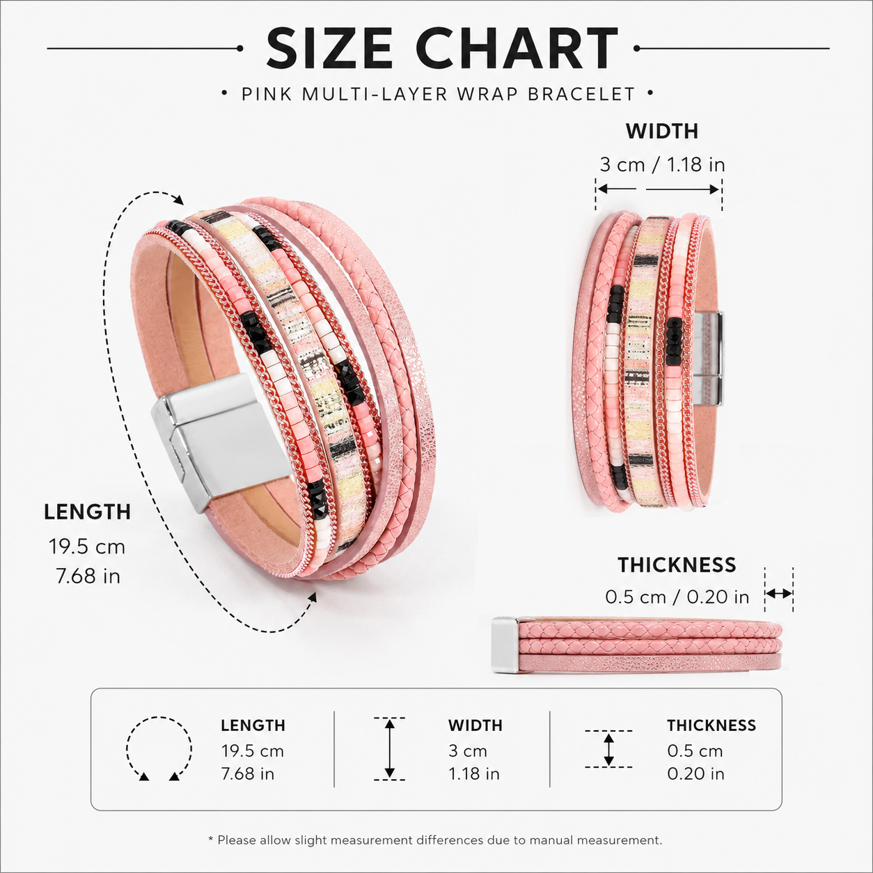 Pink Bohemian Multi-Layer Leather Bracelet for Women - PU Faux Leather with view 3