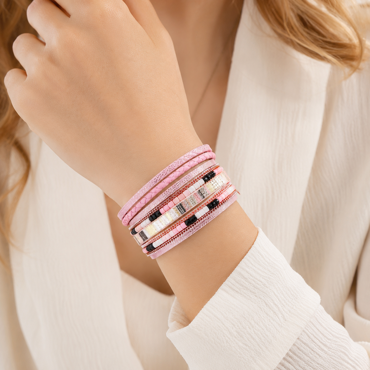 Pink Bohemian Multi-Layer Leather Bracelet for Women - PU Faux Leather with view 4