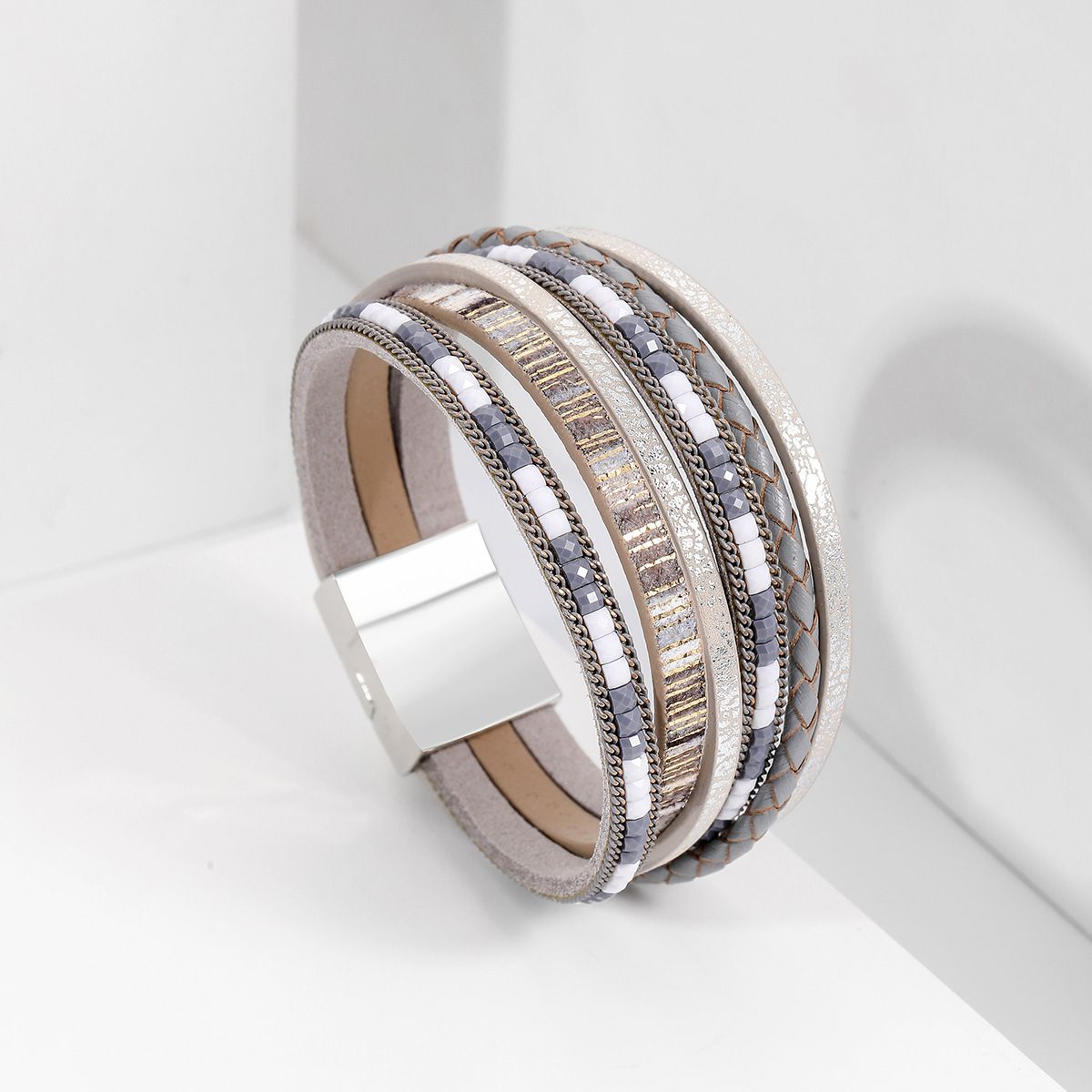 Grey Bohemian Multi-Layer Leather Bracelet for Women - PU Faux Leather with