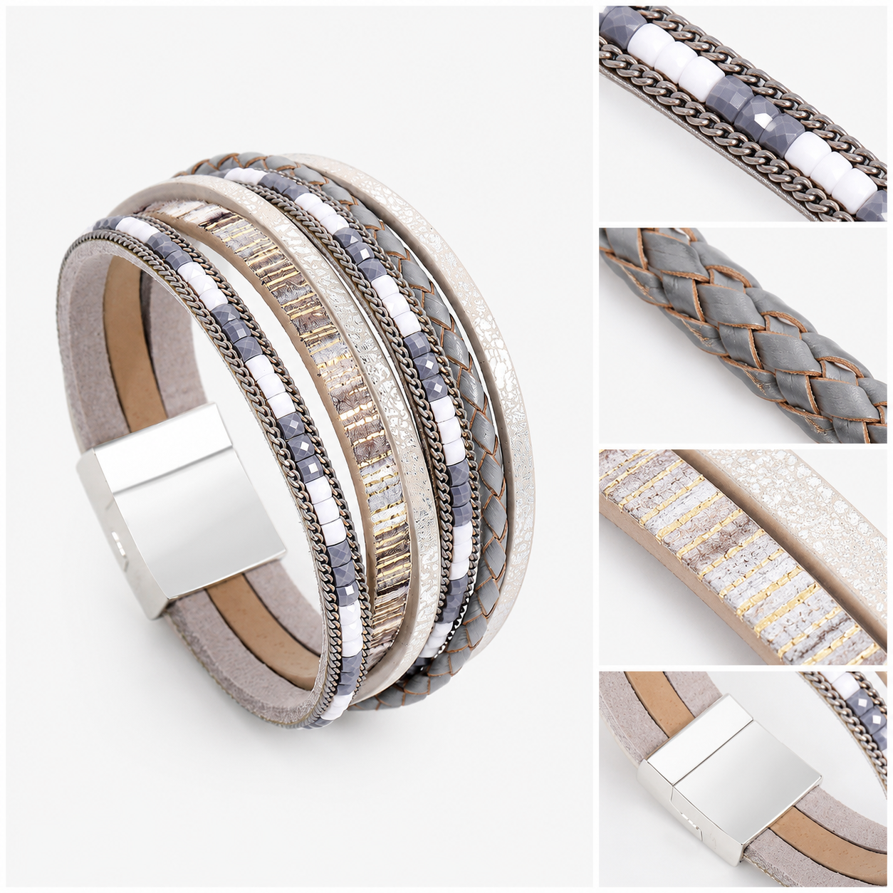 Grey Bohemian Multi-Layer Leather Bracelet for Women - PU Faux Leather with view 2