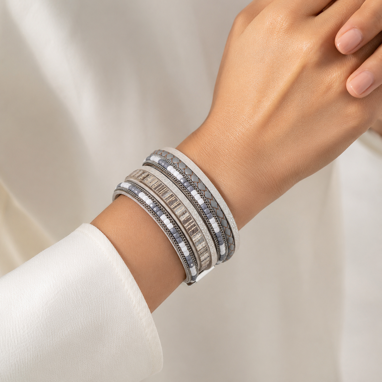 Grey Bohemian Multi-Layer Leather Bracelet for Women - PU Faux Leather with view 4