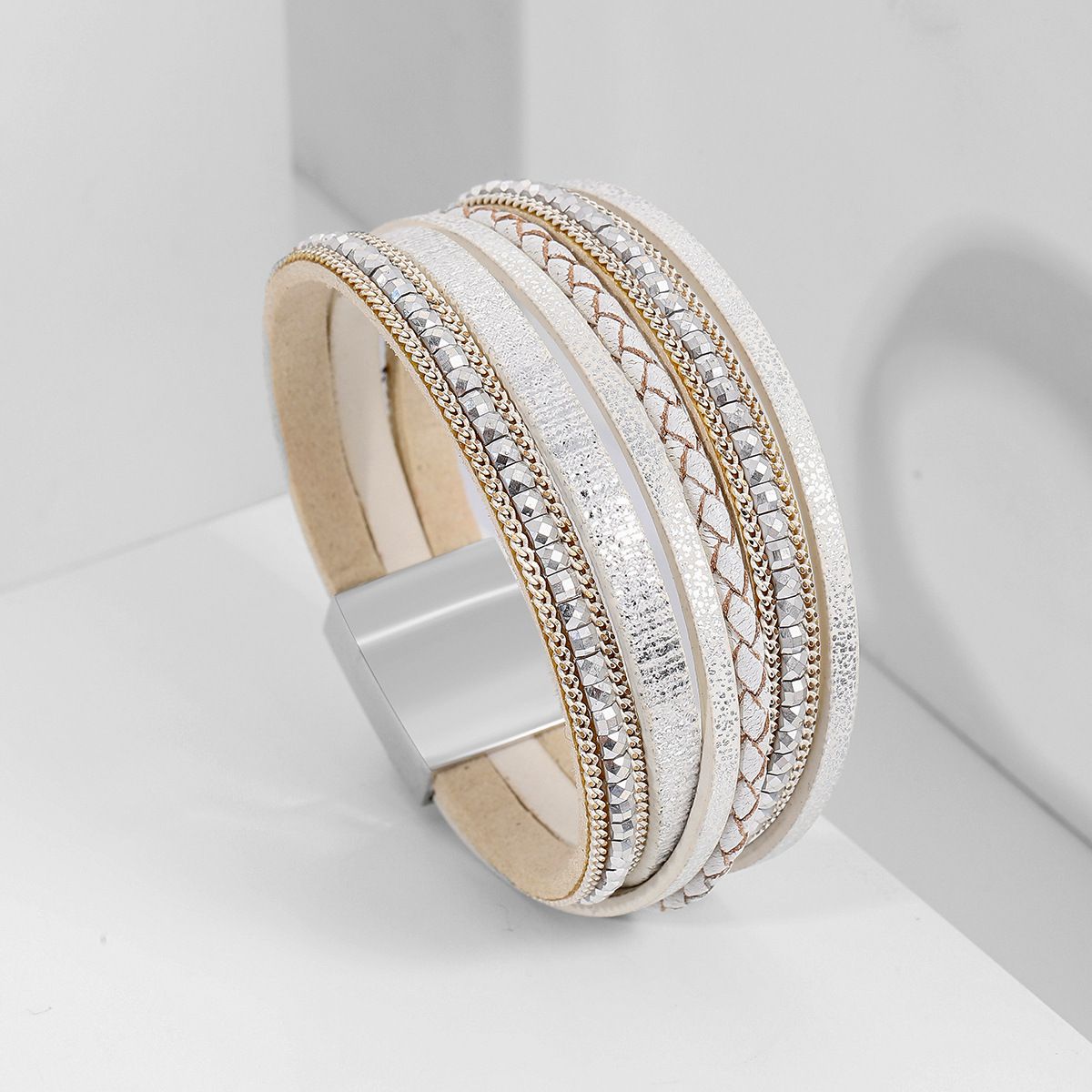 White Bohemian Multi-Layer Leather Bracelet for Women - PU Faux Leather with