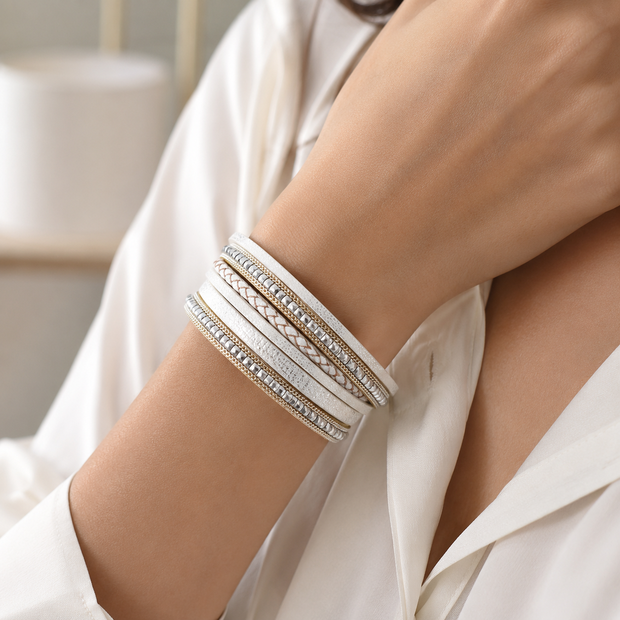 White Bohemian Multi-Layer Leather Bracelet for Women - PU Faux Leather with view 4