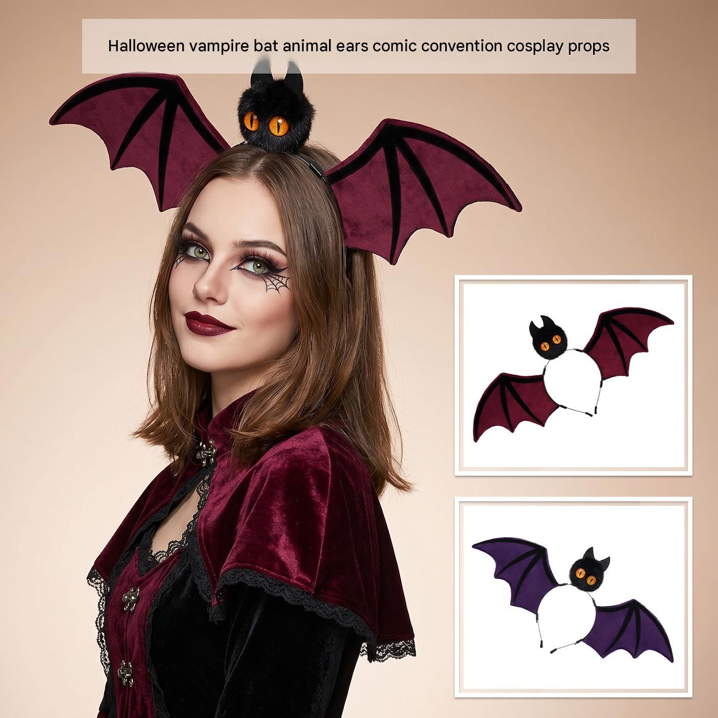 Purple Halloween Bat Wing Headband with Furry Ears and Orange Eyes - Velvet view 2