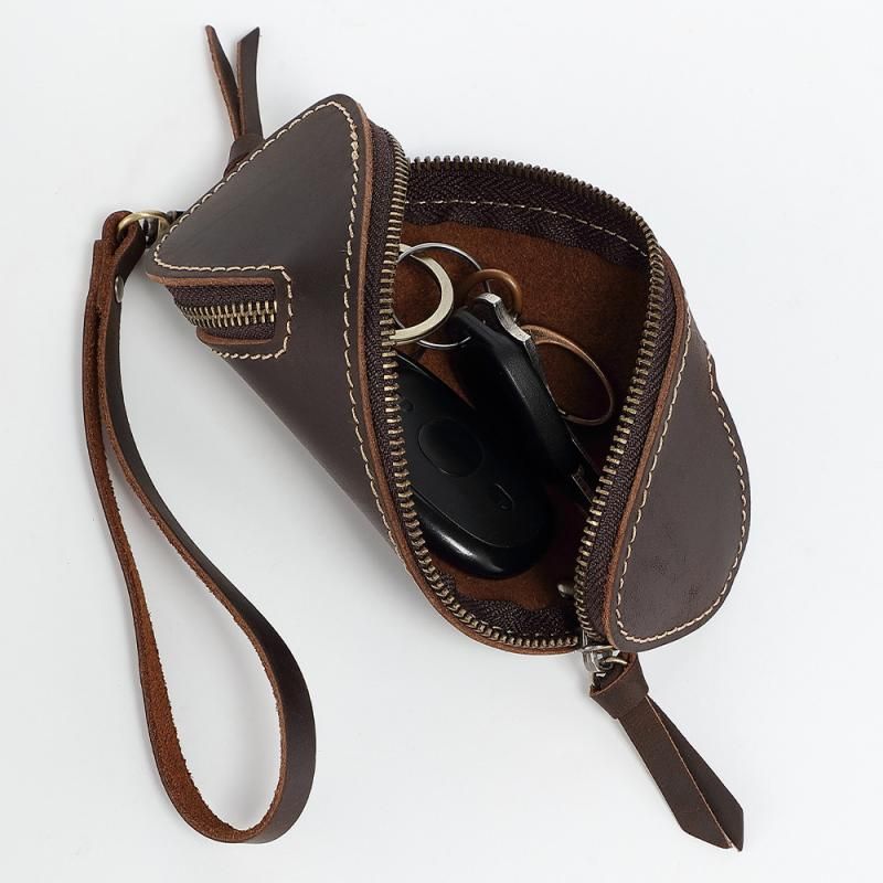 2pcs Retro Genuine Leather Key Pouch（Brown） - 12.5cm x 5cm - Dual Zipper view 8