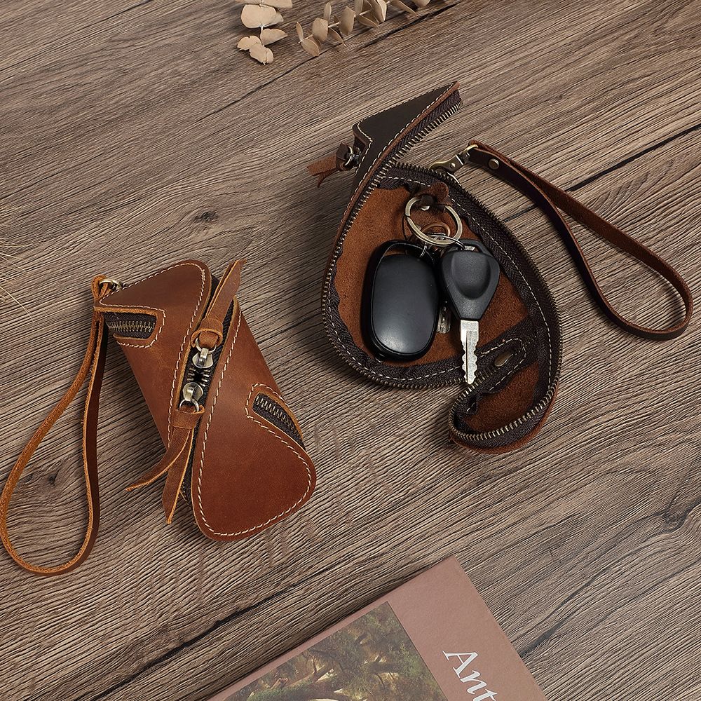 2pcs Retro Genuine Leather Key Pouch（Coffee-colored） - 12.5cm x 5cm - Dual Zipper view 4