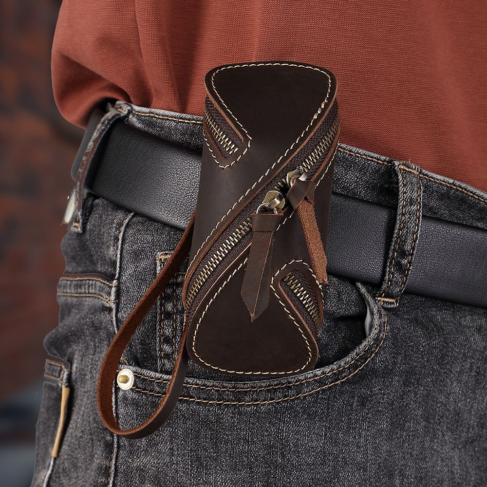 2pcs Retro Genuine Leather Key Pouch（Coffee-colored） - 12.5cm x 5cm - Dual Zipper view 9