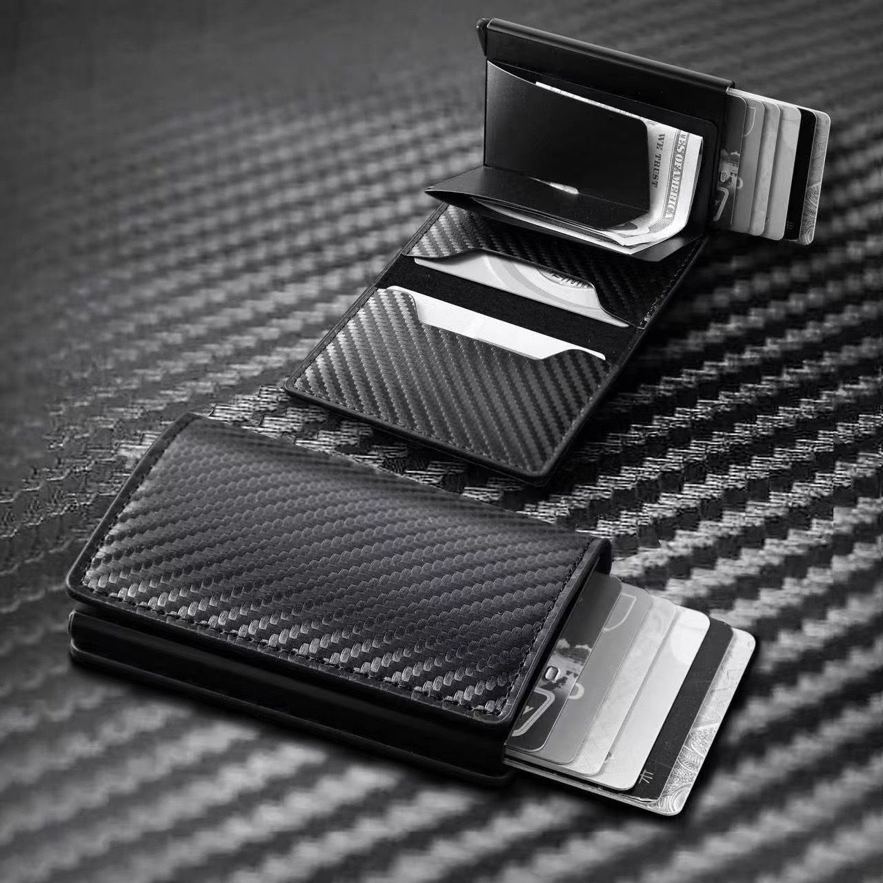 Pink Carbon Fiber texture RFID Wallet - Automatic Pop-Up Card Holder with view 2