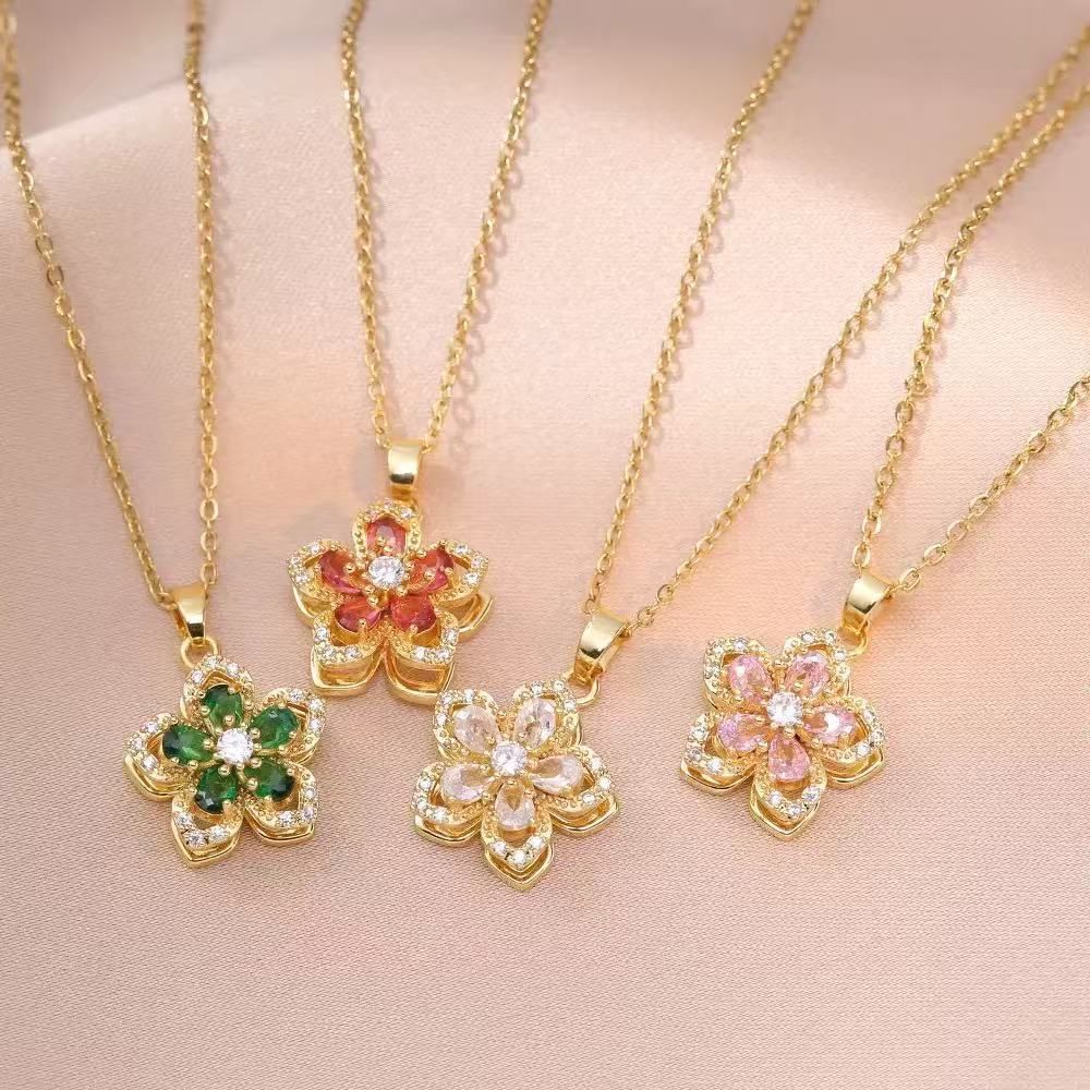 White Rotating Bauhinia Zircon Flower Pendant Necklace - Alloy and Zircon view 4