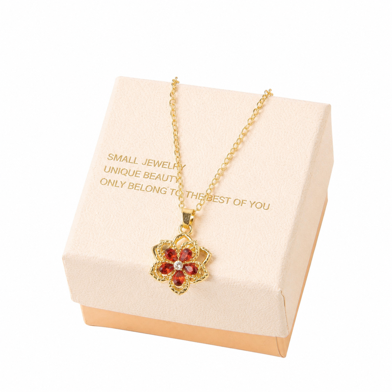 Red Rotating Bauhinia Zircon Flower Pendant Necklace - Alloy and Zircon - 15mm